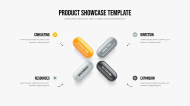 Danışmanlık Tahminleri Sunum Şablonu Vektör İllüstrasyonu. Modern Giriş 4 Seçeneği Infographic Slayt Gösterisi Düzeni. Yatırımcı Performansı Dört Element Diyagram Kaydırma Tasarımı.
