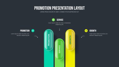 Profesyonel Kampanya Üç Adım Bilgi Kaydırma Şablonu. Servis Raporu Slayt Gösterisi Tasarım Vektörü İllüstrasyonu. Girişim Fırlatma 3 Element Diyagramı Sunum Düzeni.