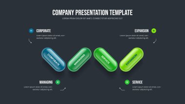 Finansal Çözüm 4 Element Bilgi Slayt Gösterisi Düzeni. Satış Analizi 4 Adım Diyagram Şablonu. İş İçgörü Sunumu Tasarım Vektörü İllüstrasyonu.