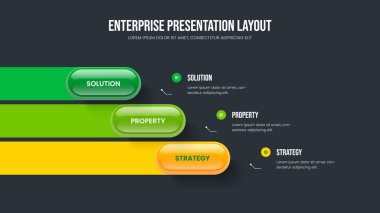 Kurumsal Analiz Üç Element Slayt Gösterisi Şablonu. Modern Genel Bakış Slayt Tasarım Vektörü İllüstrasyonu. Yatırımcı Teklifi 3 Seçenek Diyagramı Çerçeve Düzeni.