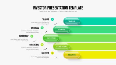 Proje Slayt Şablonu Şablon İllüstrasyonu. Satış Raporu 5 Adım Diyagram Düzenleme. İş Geliştirme Beş Seçenek Bilgi Kaydırma Tasarımı.