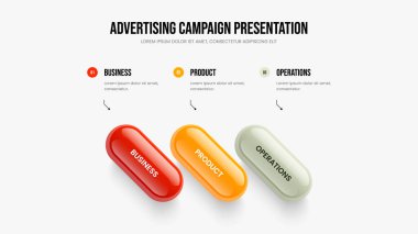 Servis Planlama 3 Element Bilgi Kaydırma Tasarımı. Atılgan 'ın Üç Basamaklı Diyagram Slayt Şablonu. Ürün Gösterimi Çerçeve Düzeni Vektör İllüstrasyonu.