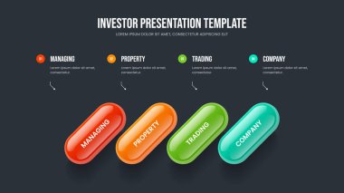 Profesyonel Profil 4 Seçenek Bilgisel Çerçeve Düzeni. Finansal Çözüm Kaydırağı Tasarım Vektörü İllüstrasyonu. İş Stratejisi Dört Adım Diyagram Slayt Şablonu.