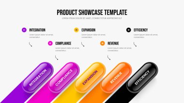 Piyasa Planlama 5 Element Diyagramı Sunum Tasarımı. Görsel Fırlatma Beş Seçenek Bilgi Şablonu. Proje Portföyü Slayt Düzeni Vektör İllüstrasyonu.
