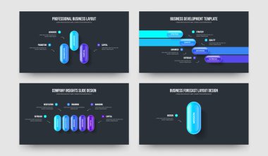 Pazarlama Gözden Geçirmesi Üç Dört Beş Bir Seçenek Sunumu Şablon Vektör İllüstrasyon Koleksiyonu. Modern Fırlatma 345 Adım Diyagram Slayt Gösterisi Tasarım Paketi.