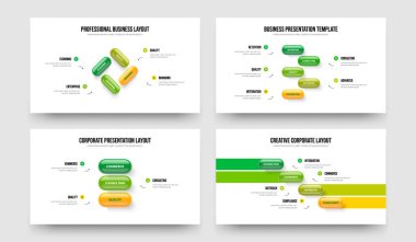 Ürün Gözden Geçirme 4534 Seçenek Slayt Gösterisi Düzeni Koleksiyonu. Yatırımcı Performansı 4-5-3-4 Element Diyagramı Sunum Şablonu Vektör Çizim Paketi.
