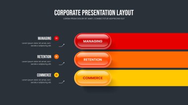 Yatırımcı Çözüm Kaydırma Şablonu Vektör İllüstrasyonu. Dijital Strateji Üç Seçenek Diyagramı Sunum Düzeni. Pazarlama Gözden Geçirmesi 3 Adım Bilgi Çerçeve Tasarımı.