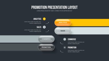 Şirket Büyüme 4 Element Bilgi Kaydırma Tasarımı. Ürün Gözden Geçir Dört Adım Diyagram Sunum Düzeni. Analiz Çerçeve Şablonu Vektör İllüstrasyonu.