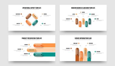 Dijital İnceleme 4534 Basamaklı Slayt Şablonu Ayarlandı. Profesyonel Showcase 4-5-3-4 Element Diyagramı Çerçeve Tasarım Vektörü Çizim Paketi.