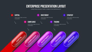 Profesyonel Insight 5 Seçenek Infographic Frame Design. Pazar Portföyü Kaydırak Düzeni Vektör İllüstrasyonu. Ürün Çözümü Beş Element Diyagramı Slayt Şablonu.