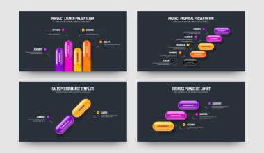 Yatırımcı Şovu 4523 Seçenek Şablonu Ayarlandı. Ürün Performansı 4-5-2-3 Element Infographic Slayt Gösterisi Tasarım Vektörü İllüstrasyon Paketi.