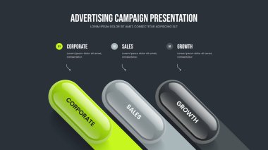 Danışmanlık Slayt Düzeni Vektör İllüstrasyonu. Modern Rapor Üç Adım Diyagram Tasarımı. Girişim Kampanyası 3 Seçenek Bilgisel Sunum Şablonu.