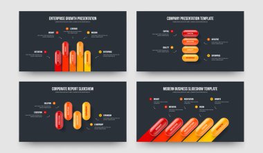 Proje Analizi Beş Dört Dört Beş Seçenek Sunum Şablonu Vektör Çizim Koleksiyonu. Servis Fırlatma 5, 4, 4, 5 Element Bilgi Kaydırma Yerleşimi Paketi.