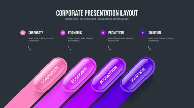 Görsel Gözden Geçirme 4 Adım Infographic Frame Design. Pazar İnovasyon Sunumu Şablon Vektör İllüstrasyonu. Profesyonel Hava Durumu Dört Seçenek Slayt Gösterisi Düzeni.