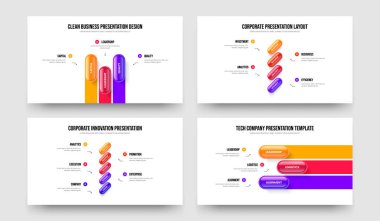 Kurumsal Rapor Üç Dört Beş Üç Seçenek Slayt Düzeni Vektör İllüstrasyon Koleksiyonu. Modern Strateji 345 Element Diyagramı Sunum Şablonu.