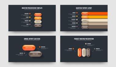 Pazarlama Raporu 4-5-2-3 Seçenek Slayt Gösterisi Vektör Çizim Paketi. Reklam İncelemesi 4523 Element Bilgisel Çerçeve Tasarımı Ayarları.