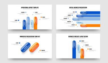 Dijital Showcase 4523 Basamaklı Diyagram Şablon Paketi. Şirket Profili 4-5-2-3 Element Bilgi Kaydırma Düzeni Vektör Çizimi.