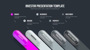 Ürün Stratejisi 5 Adım Diyagram Slayt Gösterisi Tasarımı. Dijital Plan Çerçeve Düzeni Vektör İllüstrasyonu. Profesyonel Geliştirme Beş Element Bilgi Sunum Şablonu.