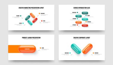 Yaratıcı Plan 4512 Element Diyagramı Sunum Şablonu Koleksiyonu. Proje Önerisi 4-5-1-2 Seçenek Slayt Düzeni Vektör Çizim Paketi.