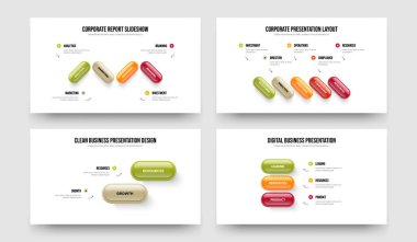 Pazar Brifingi 4523 Opsiyon Bilgi Kaydırağı Tasarım Seti. Finansal Rapor 4-5-2-3 Element Diyagramı Sunum Şablonu Vektör Resimleme Koleksiyonu.