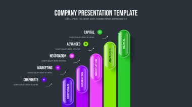 Servis Showcase 5 Adım Diyagram Sunum Şablonu. Modern Profil Beş Seçenek Bilgi Kaydırağı Tasarımı. Proje Geliştirme Slayt Gösterisi Düzeni Vektör İllüstrasyonu.