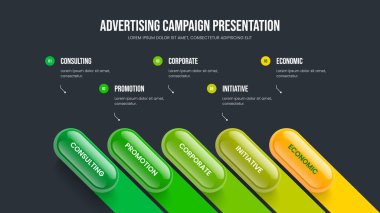 Yaratıcı Genel Bakış Slayt Gösterisi Düzeni Vektör İllüstrasyonu. İş Görüşü Beş Seçenek Diyagram Kaydırma Şablonu. Reklam Analizi 5 Adım Bilgi Sunumu Tasarımı.