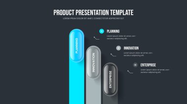 Business Performance Three Element Infographic Slayt Gösterisi Tasarımı. Ürün Stratejisi 3 Seçenek Diyagram Şablonu. Danışmanlık Büyüme Sunum Düzeni Vektör İllüstrasyonu.