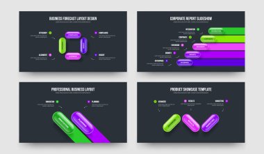 İş Portföyü 4523 Seçenek Tanıtım Şablonu Koleksiyonu. Kurumsal Fırlatma 4-5-2-3 Element Diyagram Kaydırma Düzeni Vektör Çizimi Paketi.