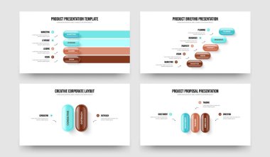 Proje Gözden Geçirme 4-5-2-3 Element Bilgi Slaytı Slayt Gösterimi Vektör Çizimi Koleksiyonu. İş Başlatılması 4523 Seçenek Diyagramı Sunum Şablonu Paketi.