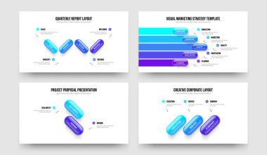 Pazarlama İncelemesi 4523 Adım Bilgi Slayt Gösterisi Yerleşimi Koleksiyonu. Reklam Fırlatma 4-5-2-3 Element Diyagramı Slayt Tasarım Vektörü Çizimi.