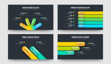 Satışlar Büyüyor 4-5-2-3 Element Bilgi Sunumu Tasarım Vektör İllüstrasyon Koleksiyonu. Yatırımcı Tahminleri 4523 Adım Diyagramı Şablon Paketi.
