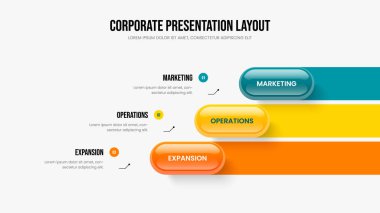 Enterprise Proposal 3 Step Infographic Slayt Şablonu. Finansal Gelişim Sunumu Tasarım Vektörü İllüstrasyonu. Servis Raporu Üç Element Diyagramı Düzenlemesi.