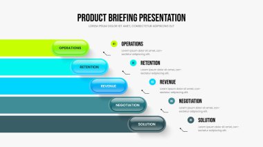 Pazarlama Fırlatma Beş Seçenek Diyagramı Sunum Tasarımı. Mali Genel Bakış 5 Element Bilgi Kaydırma Şablonu. Yatırımcı Portföyü Çerçeve Düzeni Vektör İllüstrasyonu.