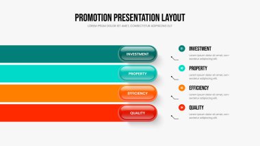 Reklam Kampanyası Dört Eleman Diyagramı Slayt Gösterisi Tasarımı. Enterprise Visualization 4 Option Infographic Sunum Şablonu. Modern Analiz Çerçeve Düzeni Vektör İllüstrasyonu.