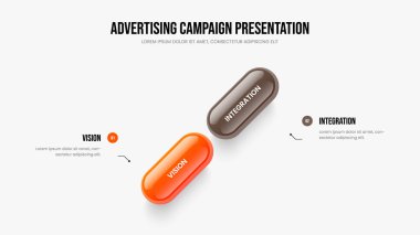Piyasa Önerisi 2 Element Diyagramı Kayma Tasarımı. Reklam Performansı İki Seçenek Slayt Gösterisi Düzeni. Şirket Kampanya Çerçeve Şablonu Vektör İllüstrasyonu.