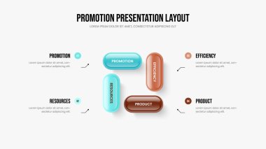 Hizmet Raporu 4 Element Bilgi Sunumu Tasarımı. Profesyonel Showcase Dört Adım Diyagram Şablonu. Ürün Tanıtım Slayt Gösterisi Düzeni Vektör İllüstrasyonu.