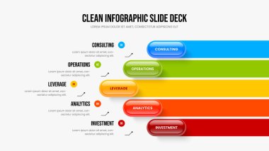 Yaratıcı Plan Beş Adım Bilgi Sunumu Tasarımı. Şirket Çözümü 5 Seçenek Diyagram Kaydırma Düzeni. Kurumsal Hava Gösterisi Slayt Şablonu Vektör İllüstrasyonu.