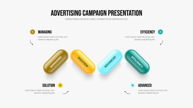 Profesyonel Brifing 4 Adım Diyagram Slayt Gösterisi Tasarımı. Görsel Planlama Dört Seçenek Bilgi Şablonu. Ürün Profili Slayt Düzeni Vektör İllüstrasyonu.