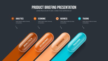 Finansal Görselleştirme 4 Element Diyagram Slayt Gösterisi Tasarımı. Satışlar Giriş Dört Seçenek Bilgi Kaydırağı Düzeni. Proje Raporu Şablon Vektörü İllüstrasyonu.