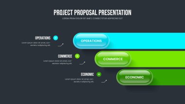 Profesyonel Planlama Şablonu Vektör İllüstrasyonu. Modern Genel Görünüm Üç Seçenek Bilgisel Sunum Tasarımı. Ürün İncelemesi 3 Adım Diyagram Düzenlemesi.