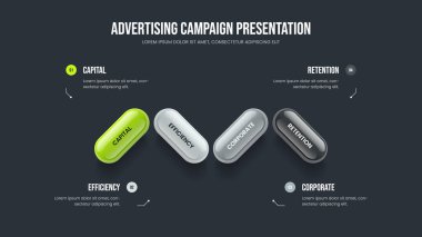 Proje Kampanyası Dört Seçenek Slayt Gösterisi Düzeni. Hizmet İnovasyonu 4 Adım Bilgi Sunumu Tasarımı. Ürün Tanıtım Çerçeve Şablonu Vektör İllüstrasyonu.