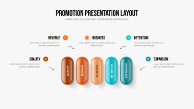Pazar Kampanyası Çerçeve Tasarımı Vektör İllüstrasyonu. Enterprise Visualization 5 Option Infographic Sunum Şablonu. Şirket Büyümesi Beş Basamaklı Diyagram Kaydırma Düzeni.