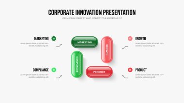 Profesyonel Teklif Sunum Düzeni Vektör İllüstrasyonu. Reklam Analizi Dört Adım Slayt Gösterisi Şablonu. Modern Geliştirme 4 Seçenek Diyagram Tasarımı.