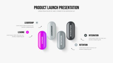 Şirket Raporu Slayt Gösterisi Vektör Çizimi. Yatırımcı Geliştirme 4 Adım Diyagram Şablonu. Pazarlama Fırlatma Dört Seçenek Bilgisel Slayt Tasarımı.