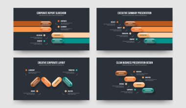 İş Analizi 4-4-4 Element Bilgi Sunumu Tasarım Paketi. Yatırımcı Uygulaması Dört Dört Dört Seçenek Şablon Vektör Resimleme Koleksiyonu.