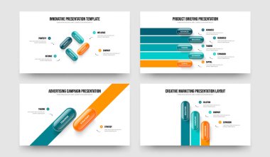 Yaratıcı Planlama 4-5-2-3 Seçenek Bilgi Sunumu Tasarım Vektör İllüzyonu Seti. Proje İcat 4523 Element Diyagramı Slayt Düzeni Koleksiyonu.