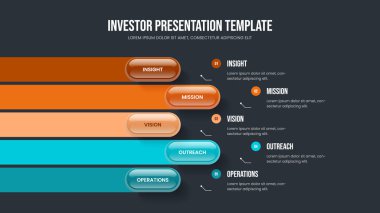 Profesyonel Showcase Slayt Düzeni Vektör İllüstrasyonu. Finansal Büyüme Beş Adım Bilgisel Sunum Şablonu. Görselleştirme 5 Seçenek Diyagram Tasarımı Reklamları.