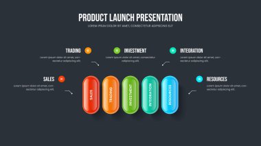 Ürün Genel Görünümü 5 Seçenek Slayt Gösterisi Şablonu. Yaratıcı Analiz Çerçeve Tasarımı Vektör İllüzyonu. Enterprise Showcase Beş Adım Diyagramı Sunum Düzeni.