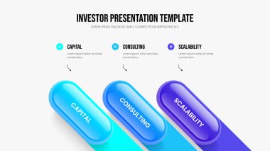 Satış Raporu Üç Adım Diyagram Şablonu. Modern Showcase 3 Option Infographic Slayt Düzeni. İş Kampanyası Slayt Gösterisi Tasarım Vektörü İllüstrasyonu.