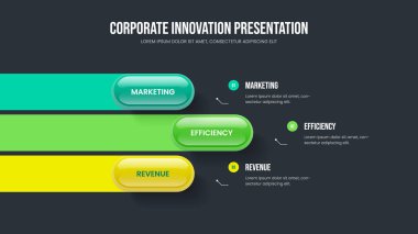 Dijital Analiz Üç Element Diyagramı Kaydırma Düzeni. Şirket Görselleştirme 3 Adım Infographic Slayt Gösterisi Tasarımı. Görsel Strateji Sunum Şablonu Vektör İllüstrasyonu.